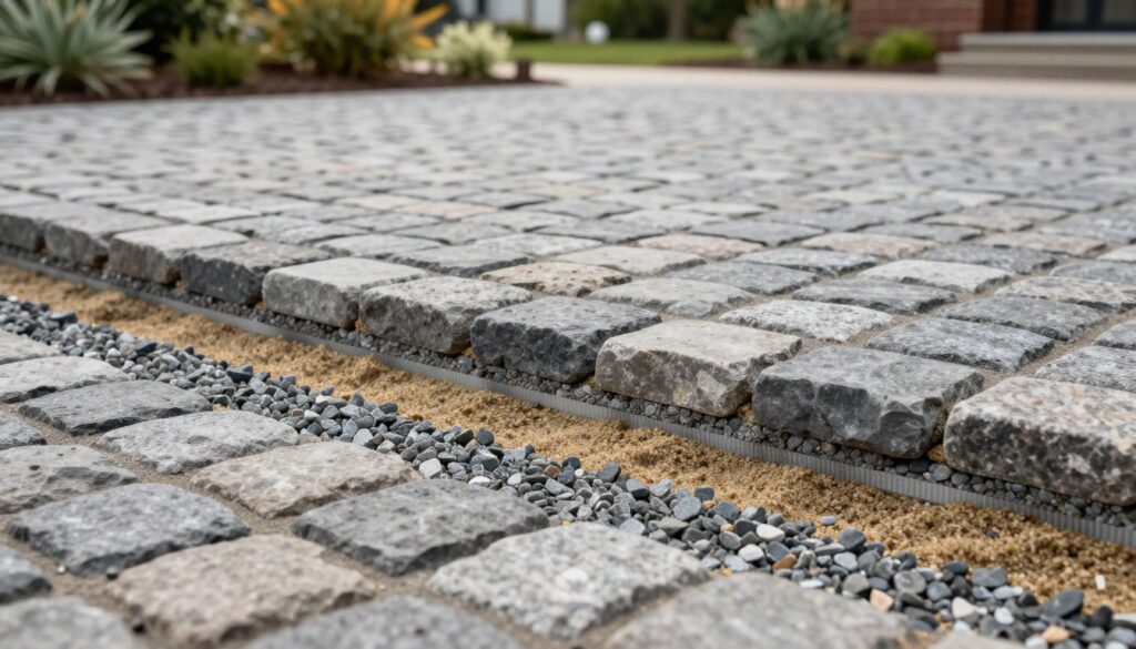 A close-up view of well-laid cobblestone pavement, showcasing a perfectly structured layered foundation underneath. In the foreground, highlight several layers of materials used for installation, such as gravel, sand, and a geotextile membrane, each layer distinct and carefully arranged. The middle ground should display the cobblestones themselves, neatly fitted together, reflecting a natural stone texture. In the background, an inviting garden or landscaped area provides a serene atmosphere, with soft natural lighting illuminating the entire scene. The lens captures a slightly elevated angle for depth, emphasizing both the craftsmanship of the pavement and the surrounding environment. The mood is professional and calm, suitable for a technical illustration on paving foundations.