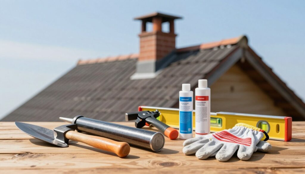 A collection of chimney processing tools displayed on a rustic wooden surface, illustrating essential equipment for roof chimney finishing. In the foreground, prominent items include a trowel, caulking gun, gloves, and various sealants, all meticulously arranged. In the middle ground, a hammer, a measuring tape, and a level emphasize precision and craftsmanship. The background features a partially visible chimney atop a traditional pitched roof, under a clear blue sky to convey a sense of outdoor work. Soft natural lighting highlights the textures of the tools, creating a warm and inviting atmosphere. Capture the image from a slightly elevated angle, ensuring a clear view of all tools, reflecting the theme of construction and renovation.