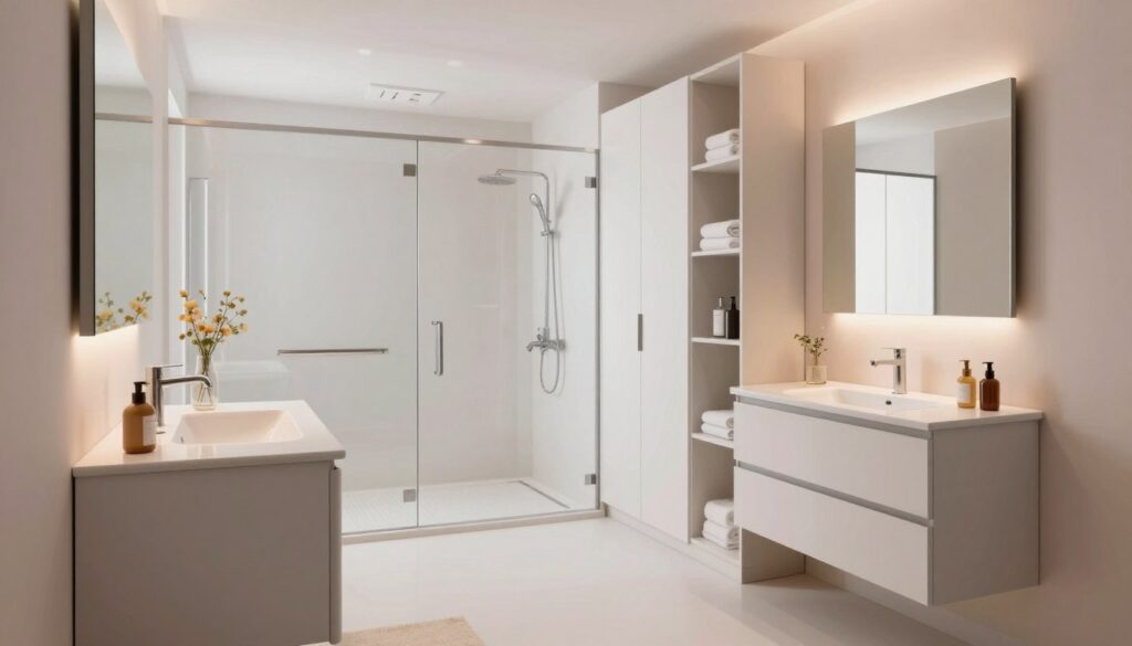 A compact and modern bathroom featuring sleek furniture specifically designed for small spaces. In the foreground, a stylish vanity unit with a minimalist sink, topped with elegant decor items. To the side, tall storage cabinets smartly utilizing vertical space, with organized shelves displaying neatly folded towels and toiletries. The middle ground reveals a spacious yet efficient shower area, equipped with a glass partition and contemporary fixtures. The background is adorned with soft, ambient lighting that enhances the white and pastel color scheme, creating a serene atmosphere. A large mirror reflects the overall design, adding depth. The perspective is from a slightly elevated angle, emphasizing the use of space and furniture integration. The mood is calm and inviting, ideal for a modern bathroom experience. A compact and modern bathroom featuring sleek furniture specifically designed for small spaces. In the foreground, a stylish vanity unit with a minimalist sink, topped with elegant decor items. To the side, tall storage cabinets smartly utilizing vertical space, with organized shelves displaying neatly folded towels and toiletries. The middle ground reveals a spacious yet efficient shower area, equipped with a glass partition and contemporary fixtures. The background is adorned with soft, ambient lighting that enhances the white and pastel color scheme, creating a serene atmosphere. A large mirror reflects the overall design, adding depth. The perspective is from a slightly elevated angle, emphasizing the use of space and furniture integration. The mood is calm and inviting, ideal for a modern bathroom experience.