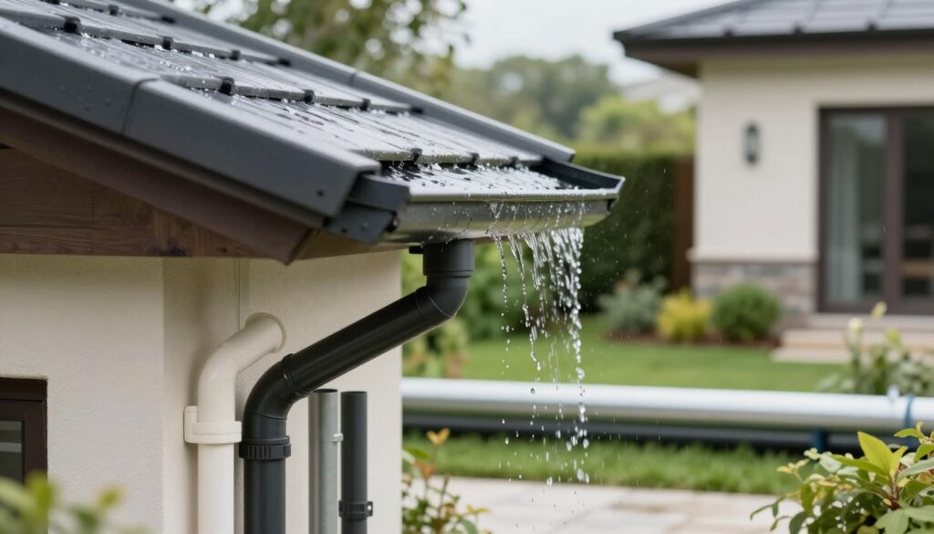 A comprehensive and effective rainwater drainage system depicted in a modern residential setting. In the foreground, show a detailed cross-section of various pipe sizes and materials, including PVC and metal, arranged for optimal water flow. Include clear connections to gutters and downspouts leading from a contemporary house. In the middle ground, illustrate the sloping roof with water flowing into the gutters, highlighting effective drainage design. The background features a lush garden, demonstrating the system's efficiency. Use natural lighting to create a bright and inviting atmosphere, with a focus on clarity and precision, as if captured with a macro lens. Emphasize the technical aspects, ensuring the system looks both functional and aesthetically pleasing.