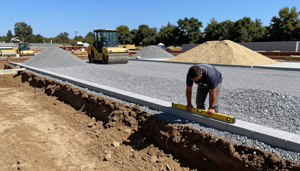 A construction site during the preparation of a sub-base for paving stones, depicting a well-organized area with dug-out soil and gravel layers. In the foreground, a worker in professional attire is using a level tool to ensure the ground is even, focusing intently. The middle ground features piles of crushed stone and sand, ready for layering, with machinery such as a compact roller positioned nearby. In the background, a clear blue sky enhances the atmosphere of a productive workday, with trees lining the area, adding a touch of nature. The lighting is bright and sunny, casting soft shadows that highlight the textures of the soil and materials. The scene conveys diligence and precision in groundwork preparation.