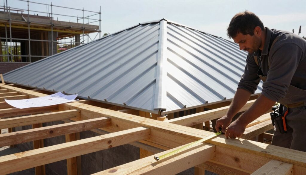 A construction site showcasing the careful arrangement of wooden battens under a trapezoidal metal roof. In the foreground, a skilled worker in professional attire adjusts the spacing of battens, using a measuring tape for precision. In the middle ground, the metal roof panels gleam under natural sunlight, highlighting their profile and contours. The background features a partially constructed building with scaffolding and blueprints scattered around, emphasizing the planning involved in roofing projects. The atmosphere is focused and industrious, with clear skies overhead. Soft shadows enhance the details of the materials, and a slightly elevated angle captures the depth of the structure and the intricate layout of the battens, emphasizing the importance of proper spacing in roofing applications. A construction site showcasing the careful arrangement of wooden battens under a trapezoidal metal roof. In the foreground, a skilled worker in professional attire adjusts the spacing of battens, using a measuring tape for precision. In the middle ground, the metal roof panels gleam under natural sunlight, highlighting their profile and contours. The background features a partially constructed building with scaffolding and blueprints scattered around, emphasizing the planning involved in roofing projects. The atmosphere is focused and industrious, with clear skies overhead. Soft shadows enhance the details of the materials, and a slightly elevated angle captures the depth of the structure and the intricate layout of the battens, emphasizing the importance of proper spacing in roofing applications.