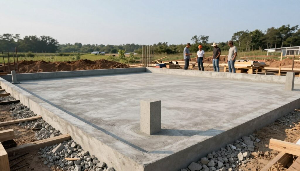 A construction site showcasing the foundational stage of a summer cottage, with a clear emphasis on different foundation types: strategically placed concrete blocks, a focused point foundation, and a smooth concrete slab. In the foreground, freshly laid concrete outlines and construction materials like rebar and gravel are visible, while in the middle ground, craftsmen in modest casual clothing assess the site. The background features a serene landscape with trees and a clear sky, adding to the tranquil yet industrious atmosphere. The scene is illuminated by soft, natural sunlight, creating gentle shadows, and shot from a slightly elevated angle to provide an overall view of the foundation work.