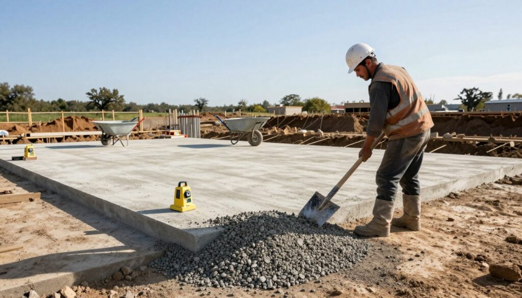 A construction site showcasing the preparation of a concrete terrace, with a focus on the ground being leveled and reinforced. Foreground: a construction worker in a hard hat and safety gear, using a shovel to expertly spread gravel. Middle ground: a partially excavated area with tools like a leveling instrument and a wheelbarrow nearby. Background: a clear blue sky and distant trees, hinting at a serene environment. The scene is well-lit with natural sunlight, creating a warm and industrious atmosphere. The overall angle is slightly elevated, capturing the action and depth of the work being done, emphasizing professionalism and diligence in construction.