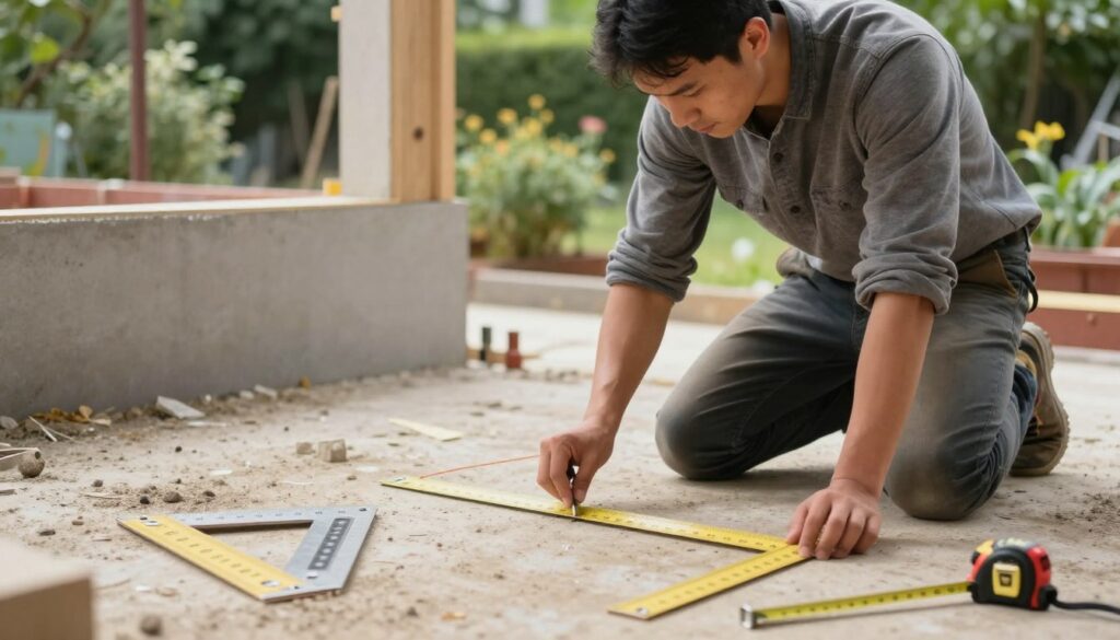 A construction site with a focus on measuring angles accurately. In the foreground, a professional in modest casual clothing is kneeling, using a string line to outline a right angle on the ground. Nearby, a set of measurement tools, including a carpenter's square and a tape measure, are scattered on the ground. In the middle ground, a partially built wall is visible, showcasing the importance of precision in construction. The background features green landscaping elements, illustrating a garden setting. Soft, natural lighting highlights the tools and the worker's concentrated expression, creating a practical and educational atmosphere. The overall mood is focused and informative, emphasizing the importance of avoiding common mistakes in angle measurement.