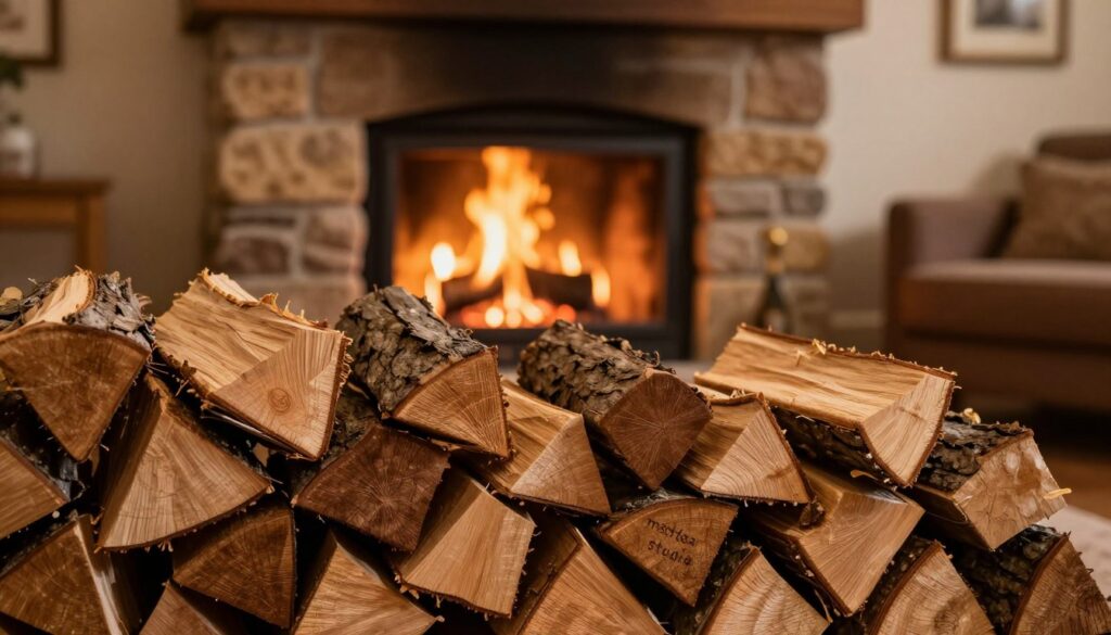 A cozy fireplace setting featuring the "metoda studnia" wood stacking technique. In the foreground, a stack of neatly arranged logs forms a well-like structure, demonstrating optimal air circulation. Each log is a different type of seasoned wood – some light oak, some darker mahogany – with visible textures and grain. In the middle ground, the fireplace's rustic stone surround adds warmth to the composition. Flickering flames dance gently, casting a golden glow on the wood stack. The background features a softly blurred living room with earthy tones, emphasizing a homely atmosphere. The lighting is warm and inviting, with a slight depth of field effect, creating a serene, peaceful mood, ideal for a winter evening. A cozy fireplace setting featuring the "metoda studnia" wood stacking technique. In the foreground, a stack of neatly arranged logs forms a well-like structure, demonstrating optimal air circulation. Each log is a different type of seasoned wood – some light oak, some darker mahogany – with visible textures and grain. In the middle ground, the fireplace's rustic stone surround adds warmth to the composition. Flickering flames dance gently, casting a golden glow on the wood stack. The background features a softly blurred living room with earthy tones, emphasizing a homely atmosphere. The lighting is warm and inviting, with a slight depth of field effect, creating a serene, peaceful mood, ideal for a winter evening.