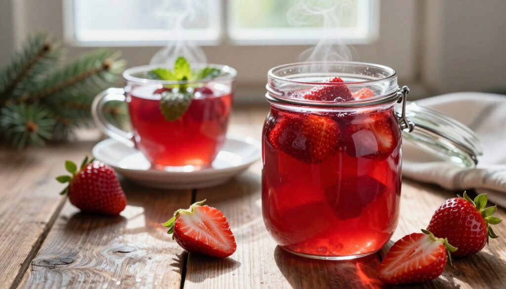 A cozy kitchen scene featuring a vibrant jar of strawberry kompot, set against a backdrop of a rustic wooden table. In the foreground, the glass jar is filled with rich, ruby-red kompot, glistening under natural light. Fresh strawberries, some whole and others sliced, are scattered around the jar, their bright color contrasting with the darker wood. In the middle ground, a steaming cup of the kompot sits beside the jar, with a few mint leaves garnishing it. Soft, warm light streams in from a window, creating a homey atmosphere. The background features hints of winter decor, like a small evergreen branch and subtle holiday elements, enhancing the seasonal feel of the scene. The overall mood evokes warmth, comfort, and the joy of homemade winter beverages.