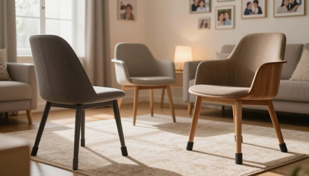 A cozy living room setting featuring a collection of stylish chairs with protective silicone and felt pads on their legs to prevent floor damage. In the foreground, focus on two elegant chairs showcasing different designs—one modern with a sleek silhouette and another traditional with a warm wood finish. The middle ground displays a soft rug and a carpeted area, enhancing the warmth of the space. In the background, a softly-lit wall adorned with family photos creates a homely atmosphere, while gentle, diffused natural light spills in through a nearby window, creating a serene mood. This image captures both functionality and warmth, illustrating practical solutions for home protection without compromising aesthetic appeal.