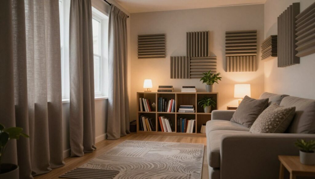 A cozy, softly lit room designed for soundproofing, featuring various effective acoustic solutions without any renovations. In the foreground, show thick, plush curtains covering large windows, a stylish sound-absorbing rug on the floor, and cushions with texture on a comfortable sofa, creating an inviting atmosphere. In the middle, depict wall-mounted acoustic panels in neutral tones, strategically placed bookshelves filled with books and plants that help reduce noise. In the background, a gently glowing lamp provides warm light, enhancing the serene mood. Use a soft focus to emphasize the tranquil ambiance, making the viewer feel the peacefulness of the space. Capture the scene from a corner angle to give depth, while ensuring the overall composition conveys a sense of calm and quietude.