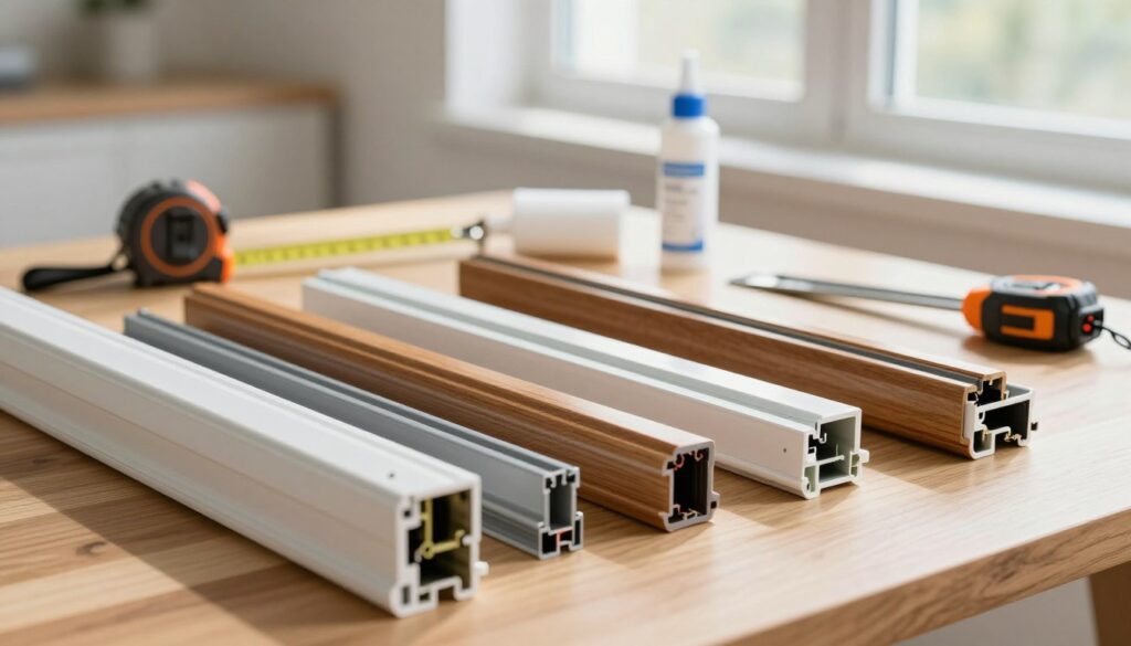 A detailed and informative scene showcasing various profiles of window seals positioned on a sleek wooden table. In the foreground, a selection of different seal profiles, including ones for PVC, wooden, and aluminum windows, with close-up details highlighting their textures and colors. The middle ground features tools commonly used for window installation, such as a measuring tape, cutting tools, and adhesive, arranged neatly. The background consists of a bright, airy window with natural light streaming in, casting soft shadows on the table. The overall atmosphere is professional and educational, with a focus on precision and quality. The image should be well-lit, with a shallow depth of field to emphasize the profiles in the foreground and a clean, minimalistic environment.