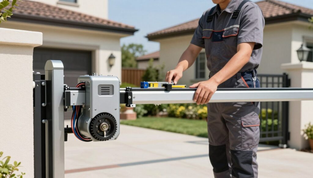A detailed and practical scene showcasing an automatic sliding gate system installation. In the foreground, a close-up view of a high-tech automatic gate operator, with visible wiring and gears, highlighting its intricate components. In the middle ground, a professional technician wearing a work uniform is seen carefully adjusting the gate's track and ensuring the system is aligned properly, using tools like a level and wrench. The background features a residential setting with a partial view of a modern house and neatly landscaped garden, under clear blue skies. The image is well-lit with natural sunlight casting soft shadows, aiming for a clean and organized atmosphere that reflects professionalism and attention to detail.