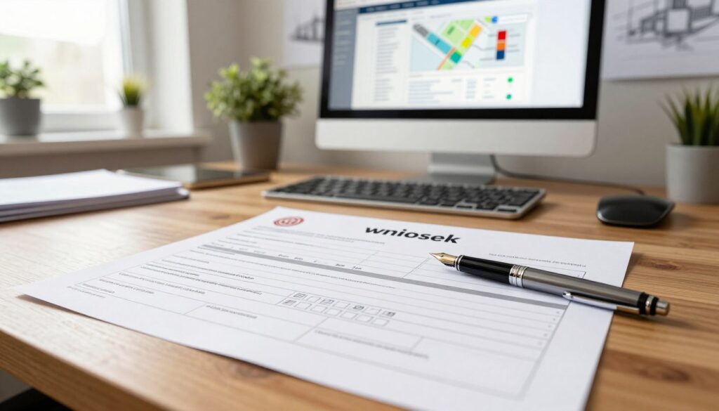 A detailed and professional workspace showcasing a close-up of a 'wniosek' (application) form meticulously filled out, lying on a polished wooden desk. In the foreground, include a fountain pen elegantly poised next to the application, with a single sheet featuring official logos and checkmarked sections. In the middle, a computer screen can be seen displaying a planning regulation website, equipped with charts and diagrams related to land development. The background features soft, natural lighting from a window, illuminating the room, adorned with potted plants and architectural sketches on the walls. The atmosphere conveys clarity and professionalism, suggesting an organized process for preparing a building conditions application.