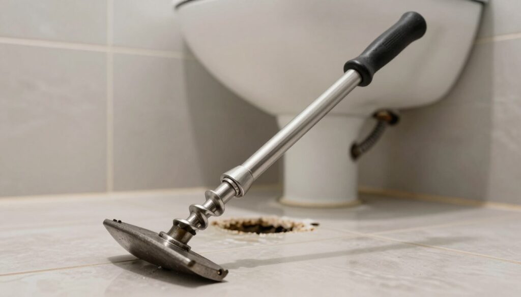 A detailed and realistic depiction of a "plumber's drain auger" prominently placed in the foreground, showcasing its metallic construction, spiral design, and sturdy handle. In the middle ground, illustrate a bathroom setting with a partially clogged tub where water collects, capturing the essence of a plumbing challenge. The background features a clean, modern bathroom with subtle lighting that reflects off the polished tiles, enhancing the focus on the drain auger. The angle should be slightly elevated, providing a dynamic perspective of the tool and the issue at hand. Envision a practical and informative mood, emphasizing the effectiveness of mechanical methods without chemical interference. The scene is devoid of any text or distractions, ensuring clarity and focus on the subject matter. A detailed and realistic depiction of a "plumber's drain auger" prominently placed in the foreground, showcasing its metallic construction, spiral design, and sturdy handle. In the middle ground, illustrate a bathroom setting with a partially clogged tub where water collects, capturing the essence of a plumbing challenge. The background features a clean, modern bathroom with subtle lighting that reflects off the polished tiles, enhancing the focus on the drain auger. The angle should be slightly elevated, providing a dynamic perspective of the tool and the issue at hand. Envision a practical and informative mood, emphasizing the effectiveness of mechanical methods without chemical interference. The scene is devoid of any text or distractions, ensuring clarity and focus on the subject matter.