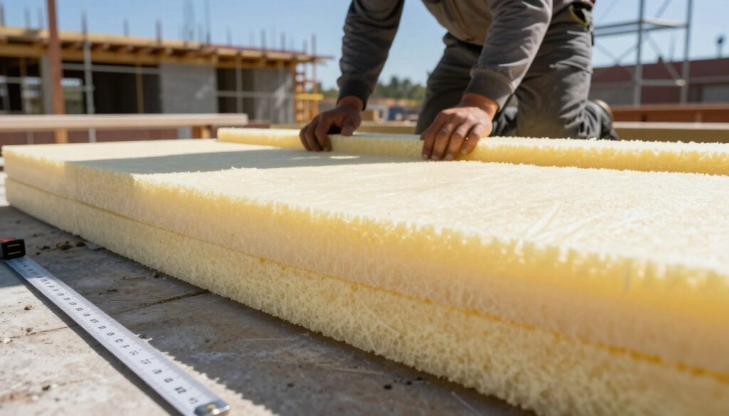 A detailed and realistic scene of insulation being applied to a building's foundation, showcasing a worker in professional attire carefully installing thick layers of rigid foam insulation board, specifically XPS or styrofoam. The focus is on the texture and thickness of the insulation, emphasizing its effectiveness in preventing heat loss. The foreground features close-ups of the foam boards with measuring tools like a ruler beside them, while the middle ground shows the worker in the process of fitting the boards against the foundation. The background includes a partially built foundation with scaffolding against a clear blue sky, illuminating the scene with bright, natural light. The atmosphere conveys professionalism and precision in construction, highlighting the importance of proper insulation.