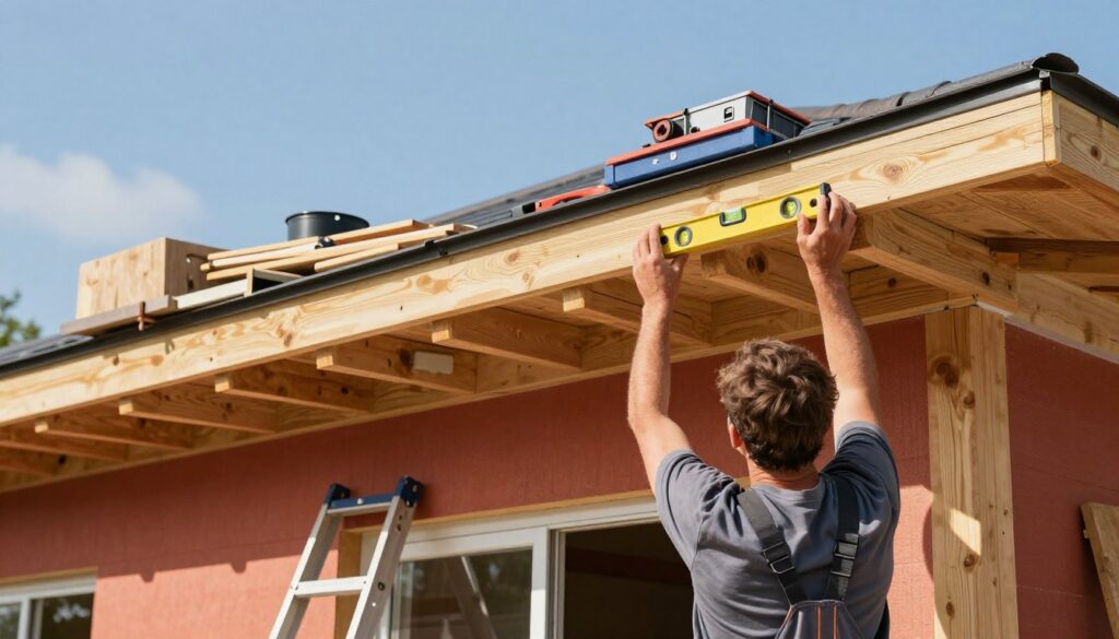 A detailed and well-constructed roof overhang installation scene, showcasing workers in professional attire carefully fitting wooden eaves and soffits onto a vibrant, newly constructed house. In the foreground, a skilled carpenter is using a level and measuring tape, ensuring precision. The middle ground reveals neatly arranged installation tools and materials, with a ladder leaning against the house. In the background, a clear blue sky enhances the image, suggesting a sunny day ideal for construction. The setting conveys a sense of meticulousness and professionalism, highlighting the importance of accuracy in maintaining the aesthetic and functional longevity of the roofing system. The lighting is bright and natural, casting soft shadows to emphasize the textures of the wood and tools.