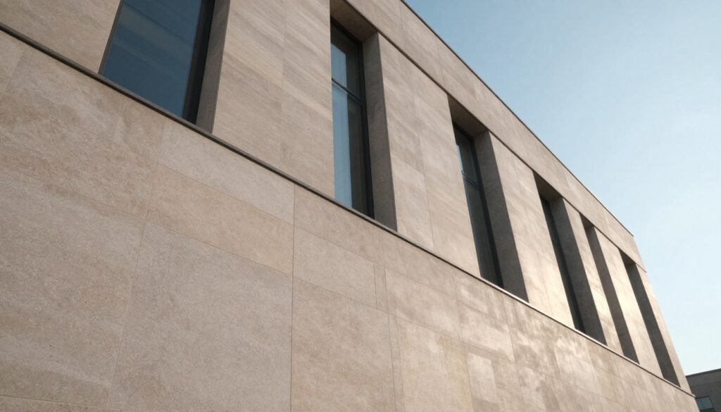 A detailed architectural view showcasing a modern building facade made of architectural stone and concrete panels. In the foreground, focus on the texture and natural colors of the stone, highlighting its sleek, polished finish. The middle ground reveals a sophisticated arrangement of large concrete panels, displaying a combination of matte and glossy surfaces that create visual contrast. The background features a clear blue sky with soft, diffused sunlight casting gentle shadows on the façade, emphasizing the structure’s depth. Use a wide-angle lens perspective to capture the full scale and elegance of the building, while aiming for a mood of prestige and innovation, reflecting the modernity of building materials. The composition should feel clean, professional, and inviting, free from any human figures.