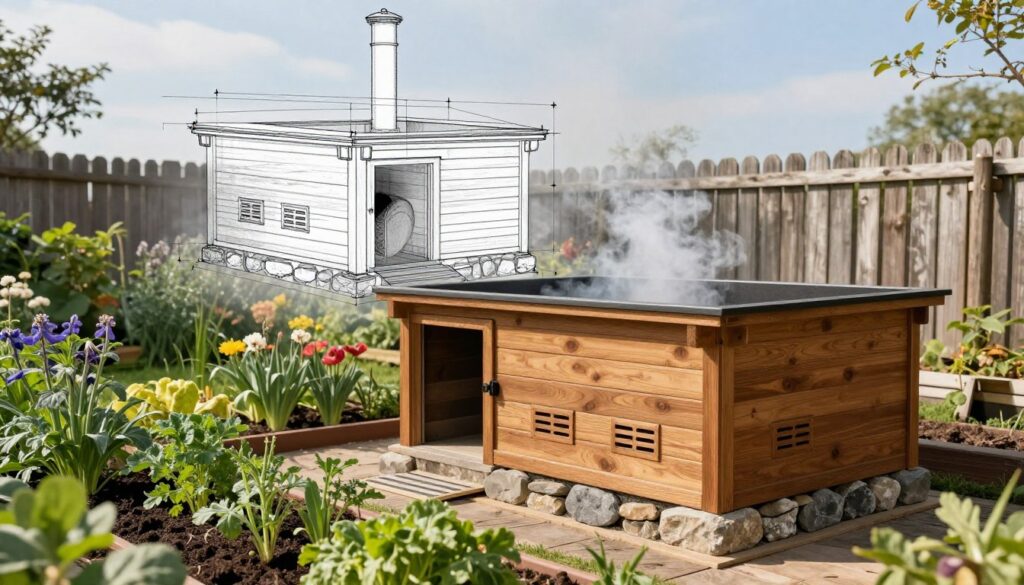 A detailed blueprint of a garden smokehouse, showcasing its structure and dimensions. In the foreground, the smokehouse features a wooden exterior with visible vents and stone foundation, surrounded by fresh herbs and vegetables growing nearby. The middle layer highlights the smokehouse's entrance, with smoke gently wafting from within and surrounded by a rustic wooden fence. In the background, a serene garden landscape with colorful flowers and a clear sky can be seen, emphasizing a peaceful outdoor atmosphere. Use soft, natural lighting to create an inviting mood, with an angle that captures the smokehouse's details and its context within the garden setting. A detailed blueprint of a garden smokehouse, showcasing its structure and dimensions. In the foreground, the smokehouse features a wooden exterior with visible vents and stone foundation, surrounded by fresh herbs and vegetables growing nearby. The middle layer highlights the smokehouse's entrance, with smoke gently wafting from within and surrounded by a rustic wooden fence. In the background, a serene garden landscape with colorful flowers and a clear sky can be seen, emphasizing a peaceful outdoor atmosphere. Use soft, natural lighting to create an inviting mood, with an angle that captures the smokehouse's details and its context within the garden setting.