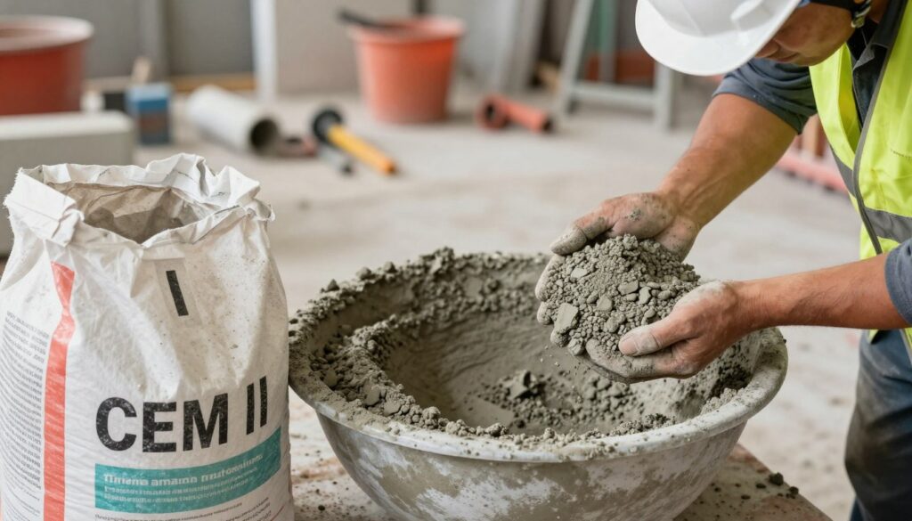 A detailed close-up of a bag of cement labeled "CEM I" and "CEM II" prominently displayed in the foreground, showcasing the texture and fine granularity of the cement. In the middle ground, a mixing bowl filled with a freshly mixed concrete blend, partially dry, highlights the colors of the cement, sand, and gravel. A handful of both CEM I and CEM II cement is held by a construction professional dressed in a hard hat and safety vest, depicting proper mixing principles. The background features a well-lit, organized construction site with tools and materials, creating a focused and industrious atmosphere. Soft natural light casts gentle shadows, enhancing the textures, while the overall image evokes a sense of craftsmanship and precision in concrete mixing techniques.
