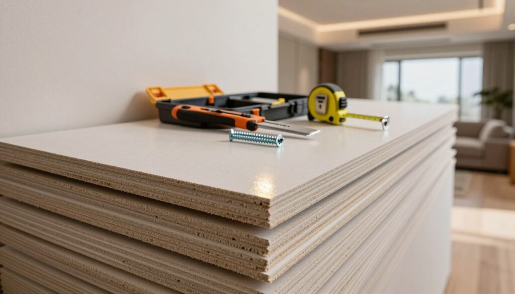 A detailed close-up of gypsum plasterboards stacked against a wall in a stylish modern living room, showcasing their texture and edges. In the foreground, focus on the edge of a gypsum board with a slight sheen from ambient light, revealing the subtle imperfections and joints. In the middle ground, a neatly arranged toolbox lies open, containing a utility knife, measuring tape, and drywall screws, all reflecting a sense of preparation for installation. In the background, a softly lit living room scene with a suspended ceiling partially complete, giving a glimpse of the transformation. Use warm, natural lighting to evoke a cozy atmosphere, with a shallow depth of field to keep the focus on the materials while softly blurring the surroundings. A detailed close-up of gypsum plasterboards stacked against a wall in a stylish modern living room, showcasing their texture and edges. In the foreground, focus on the edge of a gypsum board with a slight sheen from ambient light, revealing the subtle imperfections and joints. In the middle ground, a neatly arranged toolbox lies open, containing a utility knife, measuring tape, and drywall screws, all reflecting a sense of preparation for installation. In the background, a softly lit living room scene with a suspended ceiling partially complete, giving a glimpse of the transformation. Use warm, natural lighting to evoke a cozy atmosphere, with a shallow depth of field to keep the focus on the materials while softly blurring the surroundings.