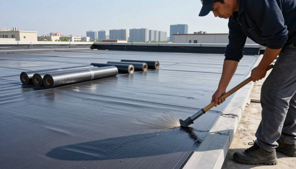 A detailed comparison of rolled membranes and spray coatings for flat roofs, with a focus on installation methods, durability, and waterproofing. In the foreground, a skilled contractor in modest casual clothing is meticulously applying a spray coating to one section of a flat roof, showcasing the texture and application process. In the middle ground, rolls of membrane material are neatly arranged beside a completed section of a roof covered with the membrane, illustrating its smooth finish and seams. The background features a modern urban skyline under a clear blue sky, emphasizing the need for effective roofing solutions. The setting is well-lit, with natural sunlight highlighting details of both materials and the contractor's work, creating an informative and professional atmosphere.