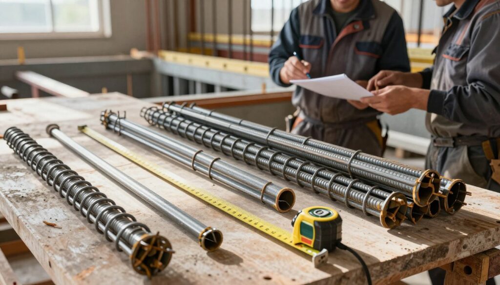 A detailed construction scene showcasing strzemion (stirrups) used in foundational beams. In the foreground, various sizes of steel stirrups are arranged neatly on a workbench, with precise measurements indicated by a measuring tape. The middle section features a skilled construction worker in professional attire, examining the strzemion and discussing their specifications with a colleague. In the background, a partially constructed foundation with exposed rebar and concrete forms provides context. Natural daylight streams in through a nearby window, casting soft shadows and highlighting the textures of metal and concrete. The atmosphere is focused and professional, emphasizing the significance of proper dimensions and material selection for structural durability.