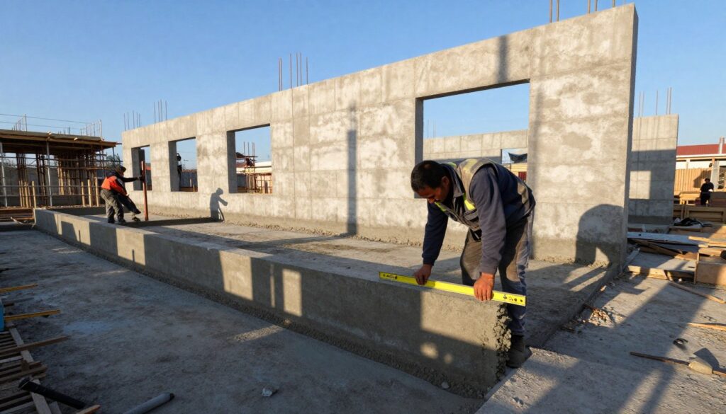 A detailed construction site showcasing the importance of building foundations. In the foreground, a close-up of a sturdy foundation being laid, with workers in professional construction attire carefully measuring and pouring concrete. In the middle ground, partially built walls of a building can be seen, demonstrating the relationship between the foundation and the structure. The background features a clear blue sky, highlighting the early morning light that casts long shadows, creating a dynamic visual effect. The atmosphere is industrious yet focused, emphasizing the critical role foundations play in a building's stability and proper settling. The image captures the essence of careful construction practices, showing tools and materials relevant to foundational work without any distractions such as texts or watermarks.