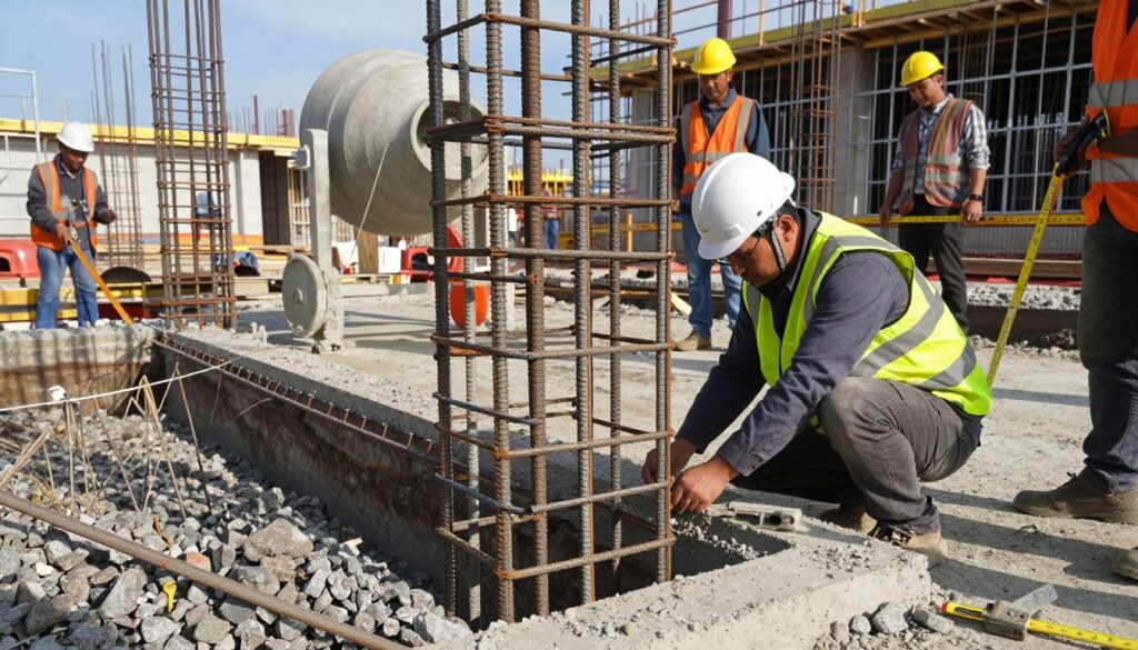 A detailed construction site showcasing the inspection of rebar stirrup placement before pouring concrete. In the foreground, a construction engineer in a hard hat and reflective vest is closely examining the arrangement of steel stirrups within a trench for a foundation. Surrounding the engineer are workers wearing safety gear, measuring tools, and a concrete mixer in the middle ground. The background features a partially constructed building with scaffolding, under a clear blue sky. Soft sunlight highlights the metallic surfaces of the rebar and the textures of the gravel, creating a professional yet dynamic atmosphere. The scene should evoke a sense of diligence and precision, reflecting the importance of proper stirrup spacing for foundation durability.