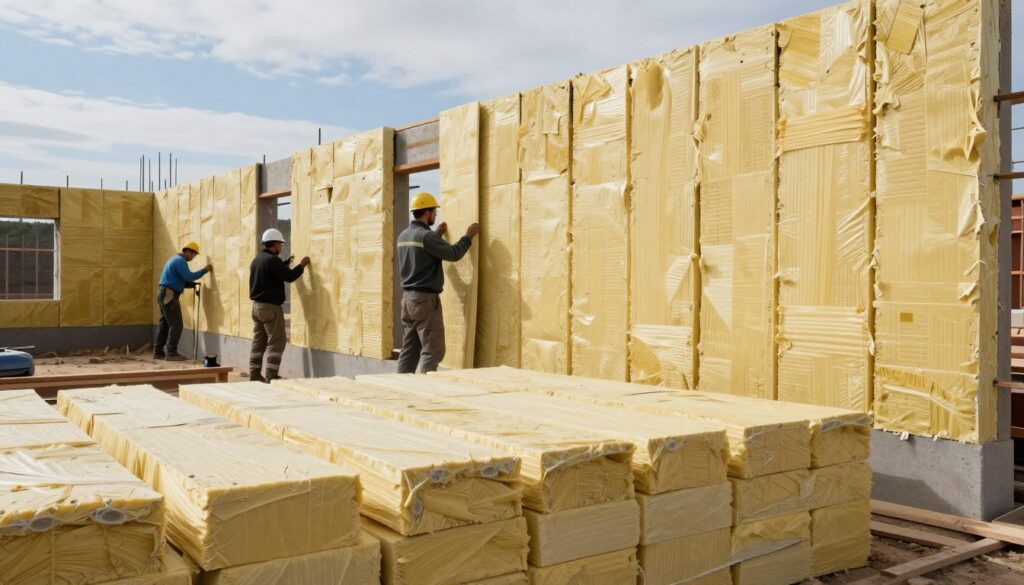 A detailed construction site showcasing the insulation of foundation walls, with workers in professional construction attire actively installing vertical insulation panels. In the foreground, several layers of insulation material are depicted, giving a clear view of the installation process. The middle ground features partially completed foundation walls, demonstrating various insulation techniques. In the background, a bright blue sky contrasts with the earthy tones of the construction materials, enhancing visibility. Soft, natural lighting highlights the textures of the insulation and foundation surfaces, creating a professional atmosphere. The angle is slightly low to emphasize the height of the foundation walls, capturing the complexity of the scene effectively. The mood is industrious and focused, reflecting the importance of proper insulation techniques.