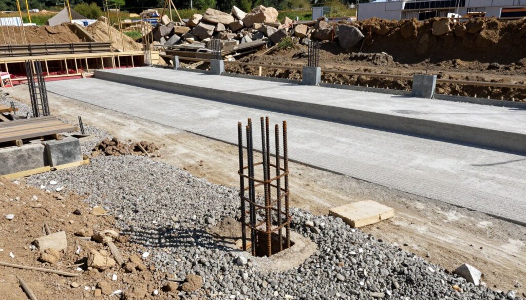 A detailed construction site showcasing various foundation solutions on challenging terrain. In the foreground, a sturdy point foundation with visible reinforcement bars is surrounded by gravel and loose soil. In the middle ground, textured concrete pad solutions and sturdy piles can be seen, emphasizing their depth and stability against the uneven ground. The background features a rugged landscape with rocky outcrops and scattered vegetation, hinting at the harsh conditions. Bright, natural daylight illuminates the scene, casting soft shadows to enhance the textures of the foundations. A wide-angle lens captures the complexity of the terrain and foundation designs, creating a professional, informative atmosphere suitable for educational purposes.