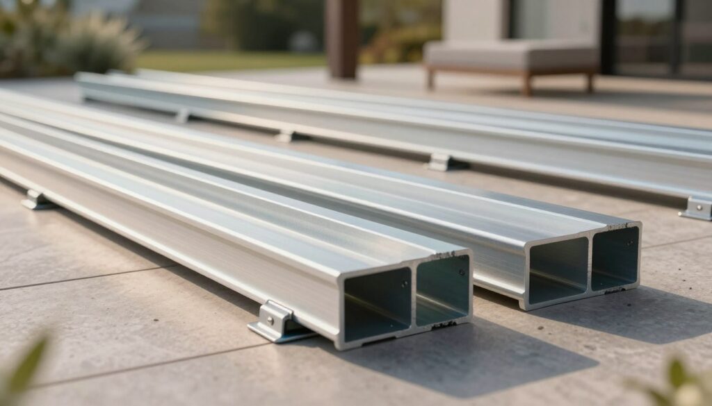 A detailed cross-section of aluminum beams ('legary aluminiowe') in a modern deck structure, showcasing their sleek metallic finish and robust design. In the foreground, highlight several aluminum beams laid horizontally, with clear connections to support brackets underneath. In the middle ground, illustrate evenly spaced support posts providing stability, demonstrating various distances between them for optimal structural integrity. The background should feature a soft-focus image of a contemporary outdoor patio, bathed in natural sunlight, enhancing the metallic sheen of the aluminum. Use a wide-angle lens for a dynamic perspective, with warm, inviting lighting to create a professional and informative atmosphere, suitable for construction and design discussions.