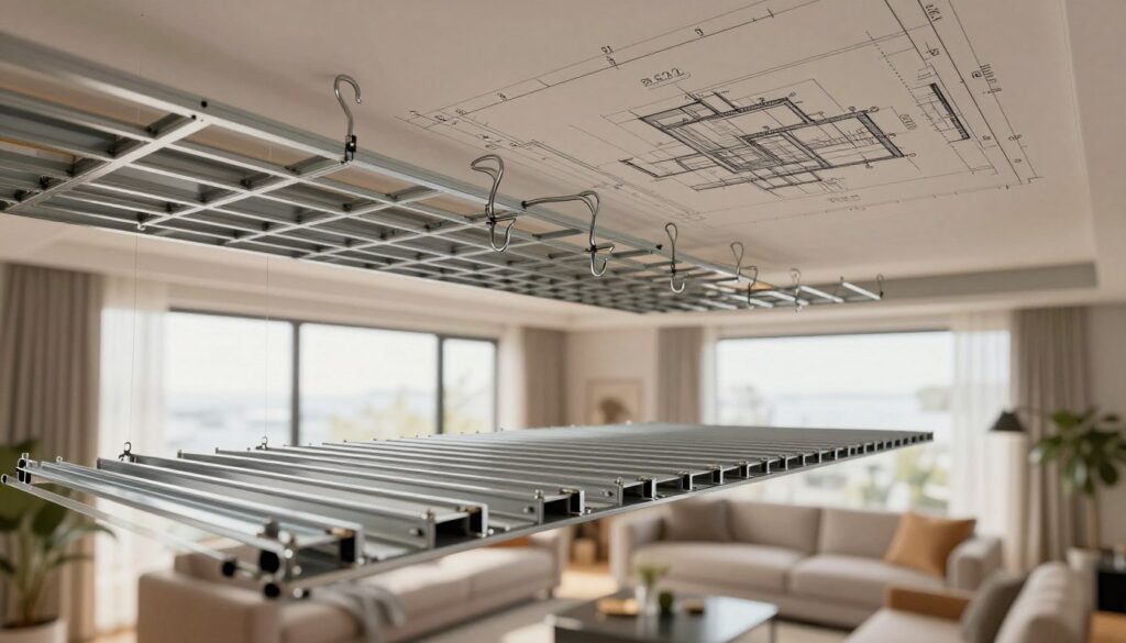 A detailed diagram illustrating the layout of profiles and hangers for a suspended ceiling design. In the foreground, show a neatly arranged grid of metal profiles and hangers, with precise measurements marked clearly. The middle ground features a partially constructed ceiling showing the profiles attached to the overhead support structure, highlighting the architecture and layout planning. The background should depict a modern living room setting with soft natural lighting filtering through large windows, creating a warm and inviting atmosphere. Use a wide-angle lens perspective to emphasize the spaciousness of the room, while maintaining clarity in the technical details of the ceiling installation. A detailed diagram illustrating the layout of profiles and hangers for a suspended ceiling design. In the foreground, show a neatly arranged grid of metal profiles and hangers, with precise measurements marked clearly. The middle ground features a partially constructed ceiling showing the profiles attached to the overhead support structure, highlighting the architecture and layout planning. The background should depict a modern living room setting with soft natural lighting filtering through large windows, creating a warm and inviting atmosphere. Use a wide-angle lens perspective to emphasize the spaciousness of the room, while maintaining clarity in the technical details of the ceiling installation.