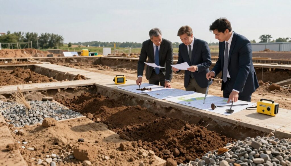 A detailed geological survey site showcasing various soil types and textures in the foreground, including clay, sand, and gravel. Engineers in professional business attire are analyzing soil samples with tools such as augers and test pits. The middle ground features a partially excavated foundation area with measuring equipment and geological maps spread across a table. In the background, a clear sky enhances the natural landscape with distant trees and a construction site. Soft, natural lighting casts gentle shadows, conveying a serious yet optimistic atmosphere of preparation and diligence. The scene captures the importance of geotechnical investigations prior to foundation work, emphasizing the technical aspect of soil analysis in construction.
