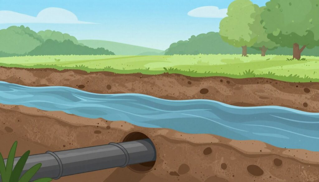 A detailed illustration depicting groundwater levels in a cross-section view of a typical plot of land. In the foreground, there are drainage pipes buried at an optimal depth, with soil layers shown above them. The middle layer features moist soil, indicating the water table, with blue hues representing groundwater. The background includes a gentle gradient of green trees and a clear blue sky, creating an inviting atmosphere. Soft, natural lighting emphasizes the textures of the soil and water, highlighting the importance of drainage depth. The angle focuses on a tilt from the side, showcasing the interaction between the soil layers and groundwater. Overall, the mood conveys a sense of harmony with nature while emphasizing the necessity of proper drainage installation. A detailed illustration depicting groundwater levels in a cross-section view of a typical plot of land. In the foreground, there are drainage pipes buried at an optimal depth, with soil layers shown above them. The middle layer features moist soil, indicating the water table, with blue hues representing groundwater. The background includes a gentle gradient of green trees and a clear blue sky, creating an inviting atmosphere. Soft, natural lighting emphasizes the textures of the soil and water, highlighting the importance of drainage depth. The angle focuses on a tilt from the side, showcasing the interaction between the soil layers and groundwater. Overall, the mood conveys a sense of harmony with nature while emphasizing the necessity of proper drainage installation.