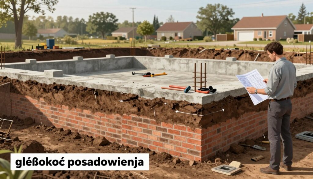A detailed illustration depicting the concept of "głębokość posadowienia" related to foundation depth. In the foreground, show a cross-section of soil layers, clearly labeled with varying depths indicating the frost line and foundation level for a brick garage. Include a professional, architect-like figure in modest clothing examining blueprints, standing next to the excavation area. In the middle ground, illustrate the garage foundation's construction, with reinforced concrete blocks and typical construction tools scattered around. The background should feature a suburban landscape with trees and houses, bathed in soft afternoon sunlight, creating a warm and industrious atmosphere. Use a wide-angle lens perspective to capture the depth of the excavation visually, maintaining a focus on the technical details of foundation work.