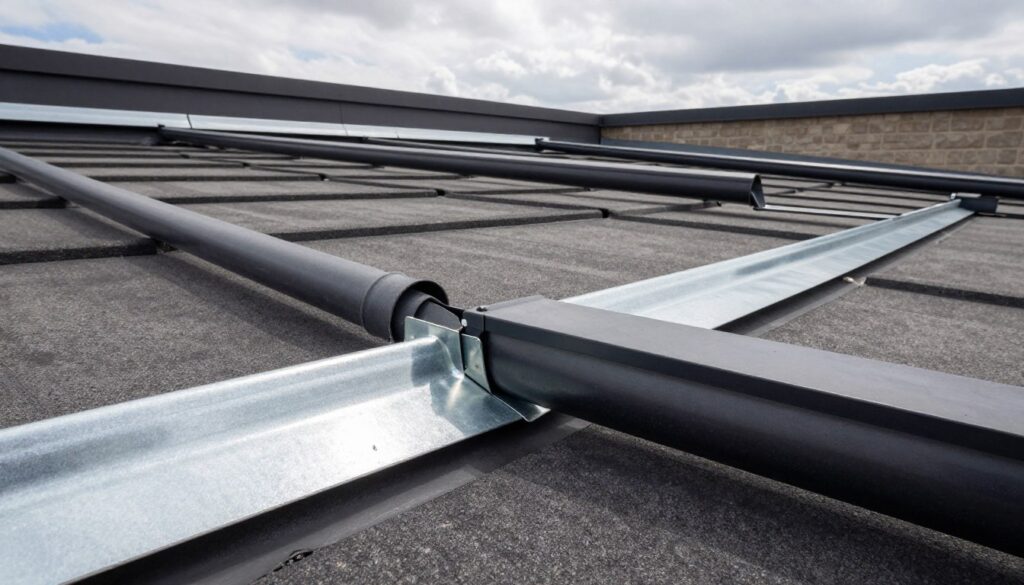 A detailed illustration of a flat roof's sealing details, focusing on important elements such as flashing, drainage systems, and roof penetrations. In the foreground, show close-ups of expertly crafted metal flashings, tightly sealed and integrated with selected modern roofing materials. The middle ground features roof drains flowing into carefully designed gutters, showcasing effective water management. The background includes a partially cloudy sky, creating a natural light source that highlights the textures of the roofing materials. Use a slightly elevated camera angle to give a comprehensive view while maintaining clarity on the intricate details. The overall atmosphere is professional and informative, emphasizing the importance of proper roof sealing techniques.