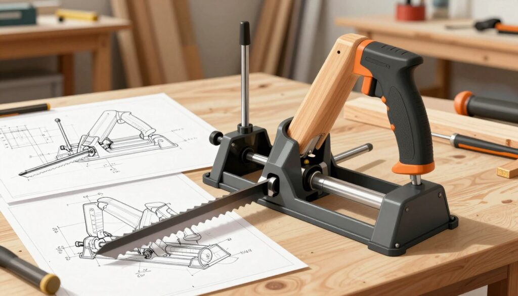 A detailed illustration of a wood splitter design, showcasing various configurations and parts in a workshop setting. In the foreground, focus on a robust, modern wood splitter, highlighting its key features like the hydraulic mechanism and blade. In the middle ground, include blueprints and technical drawings of the splitter, with subtle annotations of dimensions and parameters, to illustrate the design process. The background should depict a well-organized workshop with tools and timber, bathed in warm, natural lighting to create a welcoming atmosphere. Use a slightly elevated angle to capture both the machine and the workspace effectively, emphasizing a sense of professionalism and craftsmanship in the image.