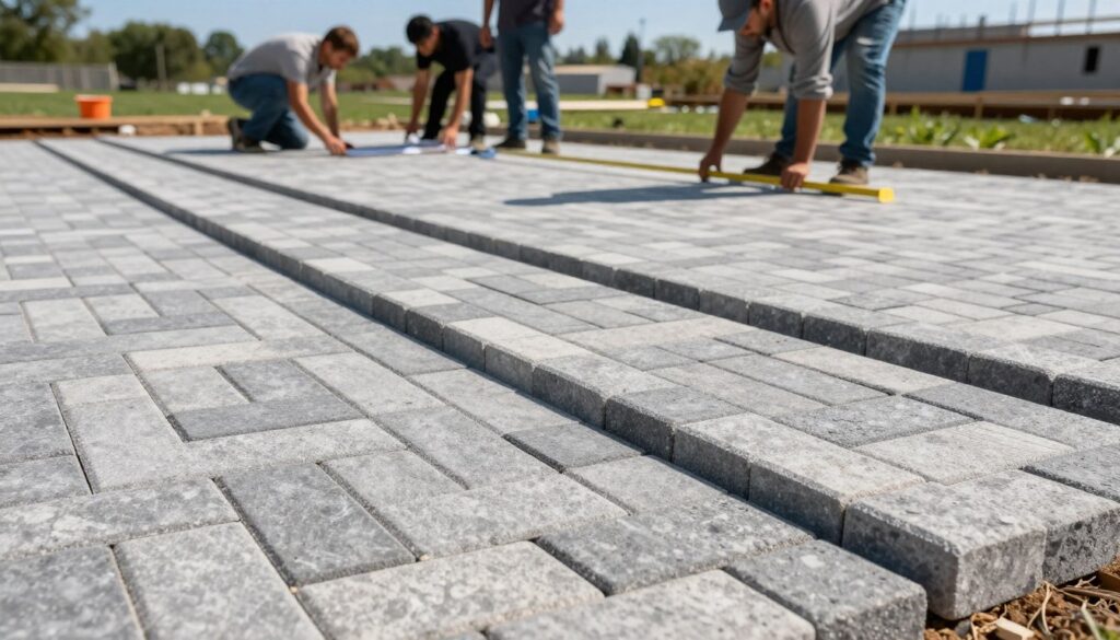 A detailed illustration showing a neatly arranged pattern of paving blocks, demonstrating a construction project in progress. In the foreground, highlight a section of the ground covered with well-laid gray and patterned stone pavers, showcasing a 5-10% excess material strategy. The middle ground features construction professionals in modest casual clothing, carefully measuring and planning their layout. The background captures a sunny day with clear blue skies and green grass, creating an inviting atmosphere. The lighting is bright, emphasizing the textures of the stones and the meticulous work being done. The shot is taken from a low angle to enhance the depth of the arrangement, focusing on the precision needed for proper installation. This image conveys a sense of professionalism and diligence in landscaping work. A detailed illustration showing a neatly arranged pattern of paving blocks, demonstrating a construction project in progress. In the foreground, highlight a section of the ground covered with well-laid gray and patterned stone pavers, showcasing a 5-10% excess material strategy. The middle ground features construction professionals in modest casual clothing, carefully measuring and planning their layout. The background captures a sunny day with clear blue skies and green grass, creating an inviting atmosphere. The lighting is bright, emphasizing the textures of the stones and the meticulous work being done. The shot is taken from a low angle to enhance the depth of the arrangement, focusing on the precision needed for proper installation. This image conveys a sense of professionalism and diligence in landscaping work.