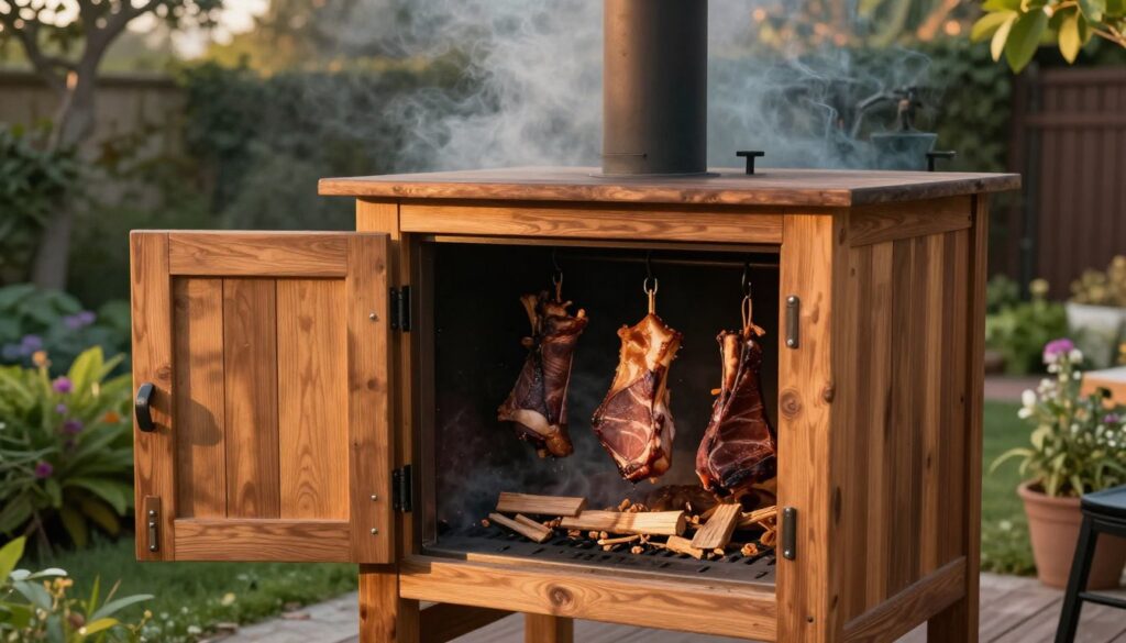 A detailed image of a traditional garden smoker's chamber, showcasing a robust and well-constructed smoking compartment, featuring wooden doors and a functional chimney. In the foreground, display the expertly crafted doors with well-fitted seals, emphasizing tightness and airflow control. The middle ground should feature the smoker's interior, filled with hanging cuts of meat, surrounded by wood chips for smoking, highlighting the circulation of smoke. The background contains lush greenery of a garden setting, softly blurred to draw focus on the smoker. The lighting is warm and inviting, resembling the glow of sunset, with a slight haze of smoke in the air to enhance the atmosphere. The angle is slightly elevated, capturing both the craftsmanship of the smoker and the serene garden surroundings. A detailed image of a traditional garden smoker's chamber, showcasing a robust and well-constructed smoking compartment, featuring wooden doors and a functional chimney. In the foreground, display the expertly crafted doors with well-fitted seals, emphasizing tightness and airflow control. The middle ground should feature the smoker's interior, filled with hanging cuts of meat, surrounded by wood chips for smoking, highlighting the circulation of smoke. The background contains lush greenery of a garden setting, softly blurred to draw focus on the smoker. The lighting is warm and inviting, resembling the glow of sunset, with a slight haze of smoke in the air to enhance the atmosphere. The angle is slightly elevated, capturing both the craftsmanship of the smoker and the serene garden surroundings.