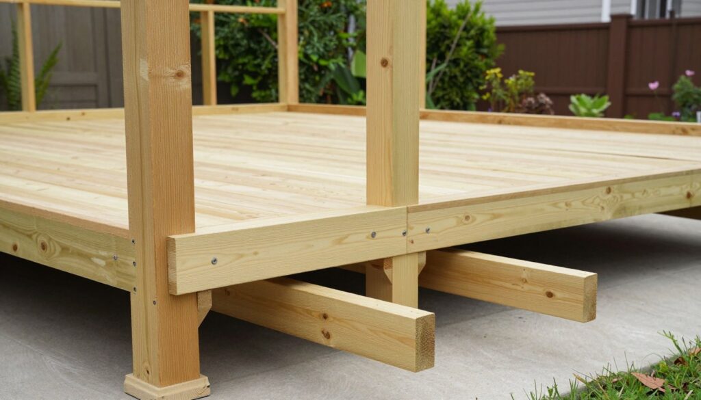 A detailed image showcasing a wooden terrace support structure, featuring sturdy wooden pillars, surrounding beams, and cross joists for added strength. The foreground should include three labeled support components: a vertical pillar, a horizontal beam, and a joist in clear view. In the middle ground, display a partially constructed wooden terrace, emphasizing the spacing between support elements for ventilation. The background should depict a residential setting with greenery, adding a touch of nature. Use natural lighting to enhance textures of the wood and surrounding plants. The scene should have a clean, organized appearance, evoking a sense of professionalism and craftsmanship, reflecting the technical details of terrace construction.