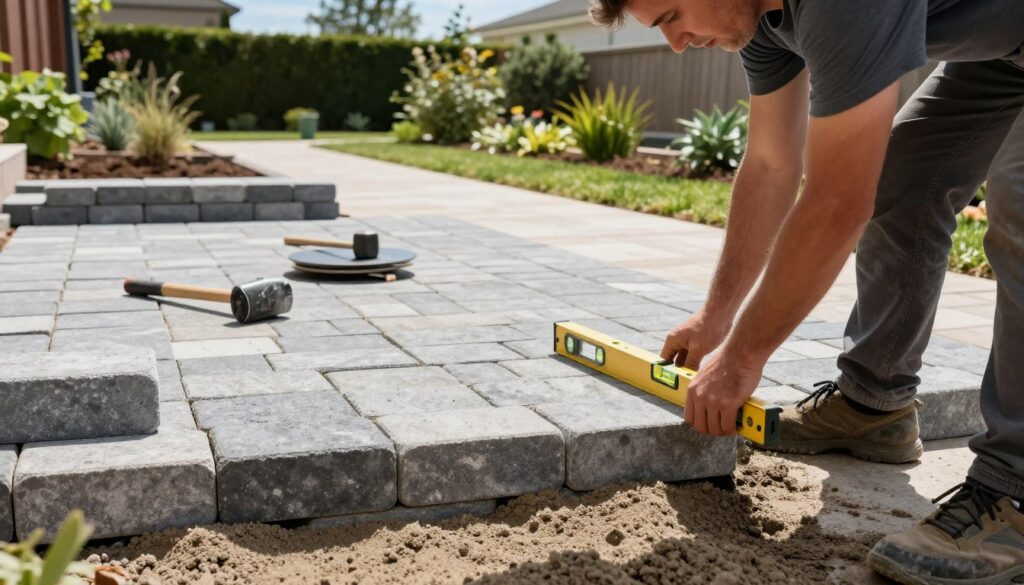 A detailed scene showcasing the stages of laying paving stones, emphasizing the meticulous process involved. In the foreground, a skilled worker in modest casual clothing meticulously aligns paving stones, using a level and measuring tape. In the middle ground, several layers are visible: neatly arranged stones in various stages of installation, tools like a mallet and a vibrating plate compactor, and a small pile of loose sand for adjustments. In the background, a partially completed pathway leads to a beautifully landscaped garden. The lighting is bright and natural, suggesting a sunny day, with clear blue skies above. The atmosphere is industrious yet serene, capturing the diligence required for this landscaping task. The angle is slightly elevated, showcasing the entire scene without any overlays or distractions.