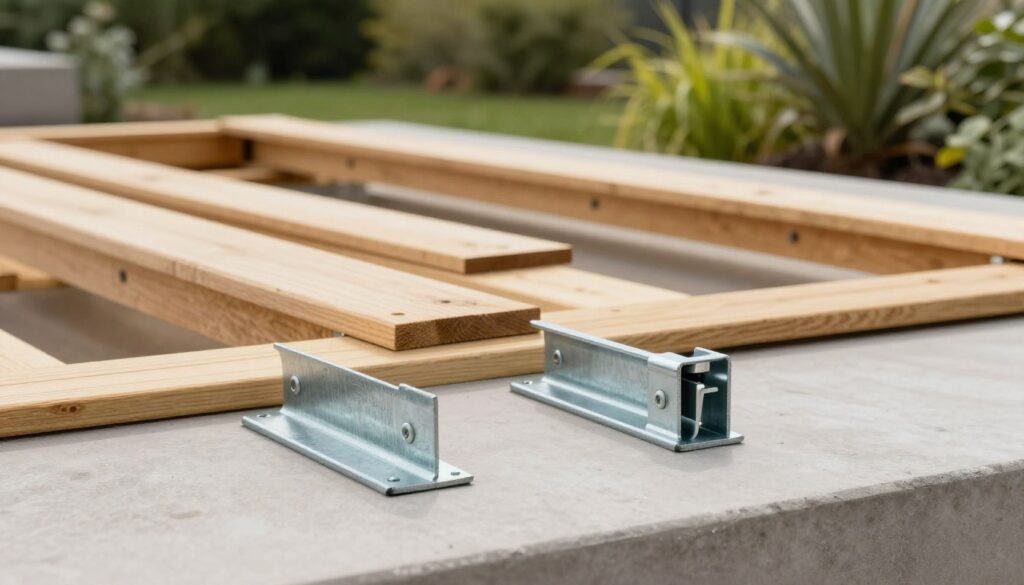 A detailed scene showing a variety of terrace supports and brackets, emphasizing the distinction between fixed and adjustable types. In the foreground, showcase a sturdy fixed support, crafted from galvanized steel, with textures reflecting its durability. Next to it, display a sleek adjustable bracket featuring a height adjustment mechanism, emphasizing its versatility. In the middle ground, arrange several wooden beams and panels in a partially constructed terrace, demonstrating how the supports are integrated. The background features a well-lit outdoor setting with lush greenery, enhancing the natural environment of the terrace. Use soft, natural lighting to create a serene and professional atmosphere, captured from a slightly elevated angle to provide a comprehensive view of the construction dynamics.