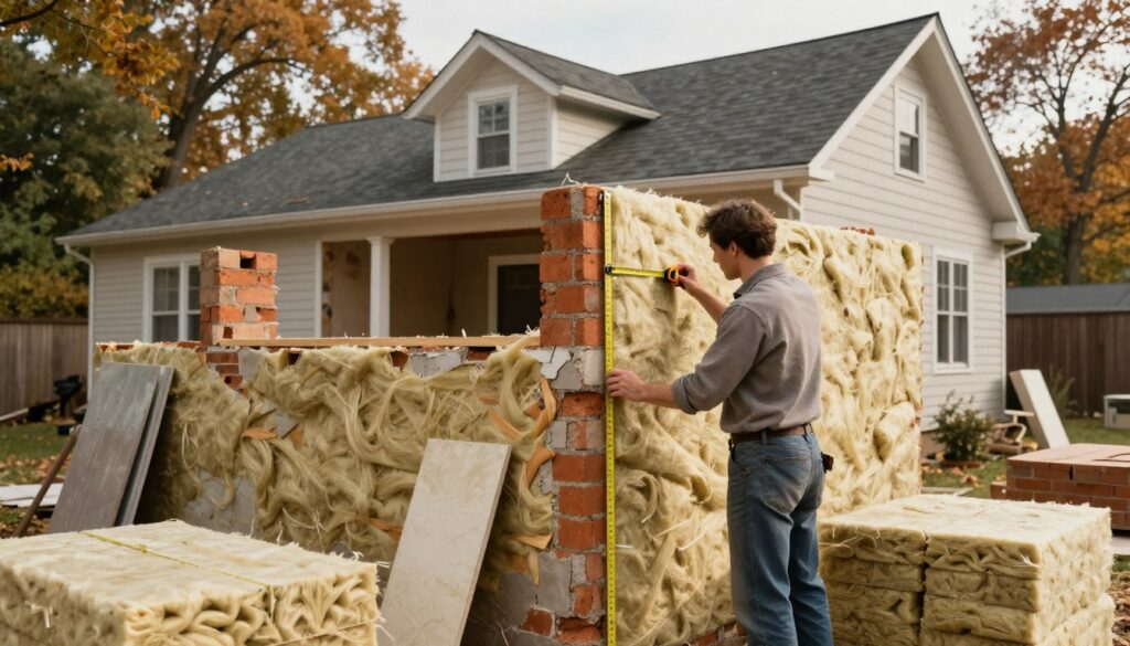 A detailed step-by-step wall insulation process in an older house from the 1970s. In the foreground, a professional contractor in modest casual clothing carefully measures the wall with a tape measure, surrounded by insulation materials like foam boards and fiberglass batts. In the middle ground, partially finished walls show a mix of old, exposed bricks and newly applied insulation materials, highlighting the contrast between old and modern techniques. The background features a vintage-style home with a classic roofline, surrounded by trees in an autumn setting, casting warm, soft daylight into the scene. Rendered with a slightly warm color palette to evoke a sense of practicality and comfort, creating an informative and inviting atmosphere.