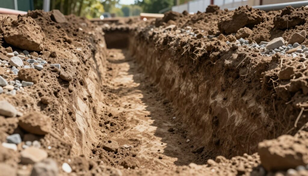 A detailed trench for drainage installation, featuring a freshly dug, straight and narrow ditch with soft, earth walls. In the foreground, there are neatly piled clumps of soil and gravel, indicating preparation for drainage pipes. The middle ground shows the trench extending into the distance, with smooth, leveled bottom ready for pipe placement. Sunlight filters through scattered clouds, creating soft shadows and warm highlights that enhance the texture of the soil. In the background, blurred outlines of trees create a natural setting. The overall atmosphere is technical and focused, emphasizing precision and care in trench preparation for drainage systems. The image should be bright and clear, conveying a sense of professionalism and attention to detail. A detailed trench for drainage installation, featuring a freshly dug, straight and narrow ditch with soft, earth walls. In the foreground, there are neatly piled clumps of soil and gravel, indicating preparation for drainage pipes. The middle ground shows the trench extending into the distance, with smooth, leveled bottom ready for pipe placement. Sunlight filters through scattered clouds, creating soft shadows and warm highlights that enhance the texture of the soil. In the background, blurred outlines of trees create a natural setting. The overall atmosphere is technical and focused, emphasizing precision and care in trench preparation for drainage systems. The image should be bright and clear, conveying a sense of professionalism and attention to detail.