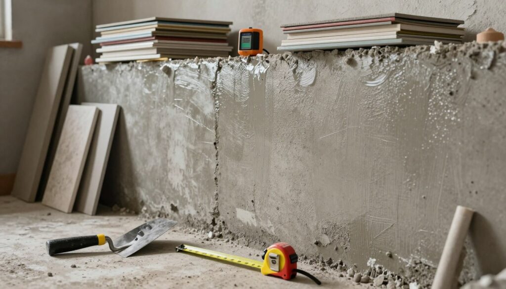 A detailed view of a basement wall in preparation for a durable, moisture-resistant finish. In the foreground, showcase various tools like a trowel and measuring tape on a concrete surface. In the middle, depict a partially prepped wall displaying rough concrete with clear signs of moisture assessment, such as moisture meters and testing equipment. The wall should show areas where waterproofing treatments have been applied, highlighting textures and colors. In the background, reveal stacks of construction materials such as moisture-resistant panels and sealants. Use soft, natural lighting to create a professional atmosphere, with shadows emphasizing the textures. Capture the mood of a meticulous workspace focused on quality and durability. No people should be present in the image.