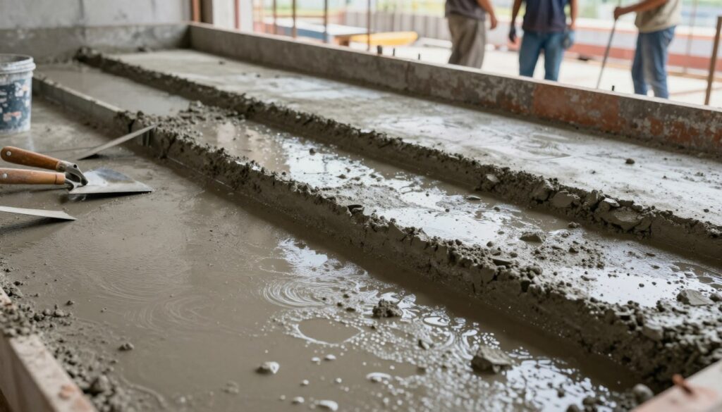 A detailed view of the concrete drying and hardening process, showcasing a variety of wet concrete mixes in different stages. In the foreground, close-up shots of different textures and colors of the concrete with moisture glistening on the surface. The middle layer features construction tools like trowels and mixing buckets, hinting at the ongoing work. In the background, a well-lit construction site with workers in professional attire monitoring the process, emphasizing careful observation. Soft natural light highlights the nuances of the concrete finishes, creating a serene yet industrious atmosphere. The angle should be slightly tilted to give a dynamic perspective, capturing the essence of construction and the importance of patience in the drying process. A detailed view of the concrete drying and hardening process, showcasing a variety of wet concrete mixes in different stages. In the foreground, close-up shots of different textures and colors of the concrete with moisture glistening on the surface. The middle layer features construction tools like trowels and mixing buckets, hinting at the ongoing work. In the background, a well-lit construction site with workers in professional attire monitoring the process, emphasizing careful observation. Soft natural light highlights the nuances of the concrete finishes, creating a serene yet industrious atmosphere. The angle should be slightly tilted to give a dynamic perspective, capturing the essence of construction and the importance of patience in the drying process.