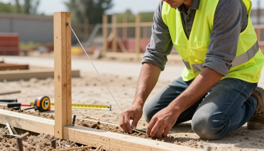 A focused scene depicting a construction worker, dressed in professional attire with a safety vest, demonstrating how to establish a right angle using a vertical post and a taut string. In the foreground, the worker is kneeling beside a sturdy wooden post firmly planted in the ground, ensuring the string is aligned accurately. The string is tensioned between the post and a marked ground area showing where the angle is to be measured. The middle ground features tools like a measuring tape and stakes for marking angles, while the background displays a sunny outdoor construction site, blurred to emphasize the action in the foreground. The lighting is bright and natural, creating a clear, instructional atmosphere.