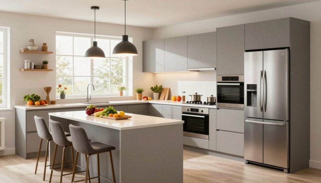 A functional square kitchen layout showcasing an efficient arrangement of modern furniture and appliances. The foreground features a well-organized island with bar stools, surrounded by cabinets, a sleek refrigerator, and a built-in oven. In the middle, an inviting countertop flows with fresh ingredients, while stylish pendant lights cast a warm glow over the space. The background contains large windows allowing natural light to flood the room, illuminating the clean lines and contemporary design of the cabinetry. The mood is bright and welcoming, emphasizing practicality and modern aesthetics. Capture the scene from a slightly elevated angle to provide a comprehensive view of the layout, ensuring no people are present in the image.