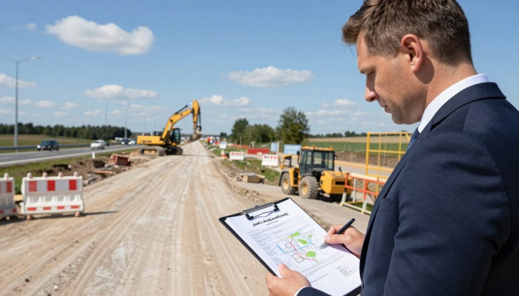 A government official in a smart business suit examines a "zjazd z drogi publicznej" permit document at a construction site. In the foreground, the official holds a clipboard with a roadmap sketch. The middle ground features a recently graded dirt road leading from a public highway, bordered by construction machinery and safety barriers. In the background, a clear blue sky contrasts with a few fluffy clouds, suggesting a bright day for outdoor work. The environment should feel organized yet busy, conveying the formalities associated with permits and regulations. The lighting is bright and natural, emphasizing the seriousness of the task. The angle is slightly elevated, providing a comprehensive view of the scene, showcasing the intersection of bureaucracy and infrastructure development. A government official in a smart business suit examines a "zjazd z drogi publicznej" permit document at a construction site. In the foreground, the official holds a clipboard with a roadmap sketch. The middle ground features a recently graded dirt road leading from a public highway, bordered by construction machinery and safety barriers. In the background, a clear blue sky contrasts with a few fluffy clouds, suggesting a bright day for outdoor work. The environment should feel organized yet busy, conveying the formalities associated with permits and regulations. The lighting is bright and natural, emphasizing the seriousness of the task. The angle is slightly elevated, providing a comprehensive view of the scene, showcasing the intersection of bureaucracy and infrastructure development.