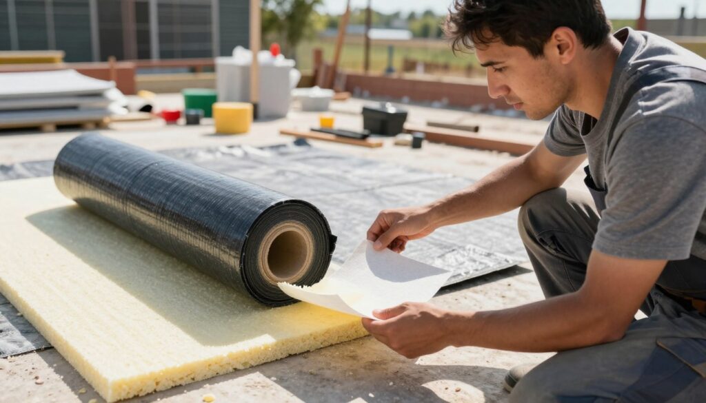 A hands-on construction worker in a professional attire, carefully examining a flexible roll of roofing membrane (known as "papa") next to a piece of expanded polystyrene foam (styropian) on a construction site. The foreground features the worker holding a sample of the roofing material with a look of curiosity. In the middle, there’s a focused area showing the interaction between the roofing material and the polystyrene, with a slight melting effect on the foam. The background displays a sunny day with construction tools and materials scattered around, adding to the busy atmosphere of a building project. The lighting is bright and natural, emphasizing textures and details, with a soft focus on distant elements to draw attention to the main subject. The overall mood conveys a sense of exploration and learning. A hands-on construction worker in a professional attire, carefully examining a flexible roll of roofing membrane (known as "papa") next to a piece of expanded polystyrene foam (styropian) on a construction site. The foreground features the worker holding a sample of the roofing material with a look of curiosity. In the middle, there’s a focused area showing the interaction between the roofing material and the polystyrene, with a slight melting effect on the foam. The background displays a sunny day with construction tools and materials scattered around, adding to the busy atmosphere of a building project. The lighting is bright and natural, emphasizing textures and details, with a soft focus on distant elements to draw attention to the main subject. The overall mood conveys a sense of exploration and learning.
