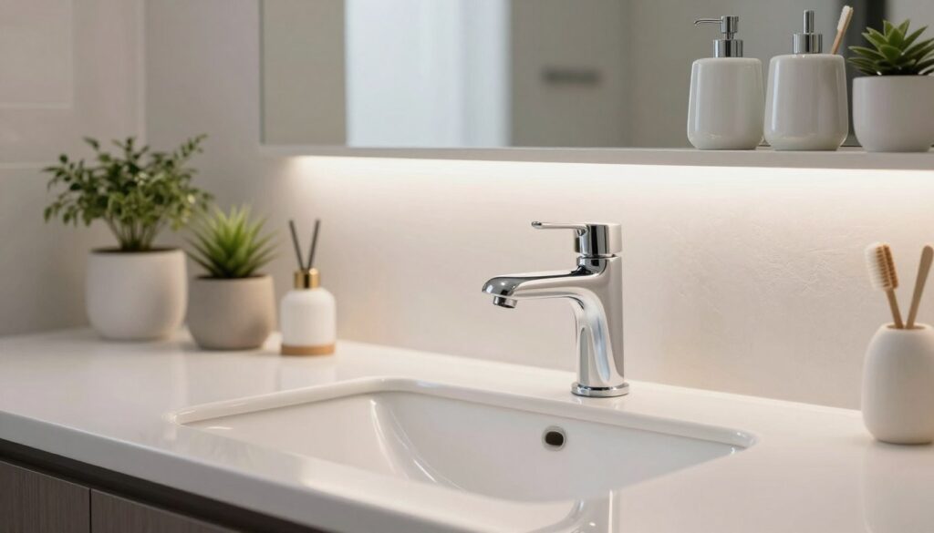 A modern bathroom scene showcasing stylish faucets and elegant fixtures. In the foreground, a sleek, contemporary faucet with smooth curves and a polished chrome finish is positioned above a pristine ceramic sink. The middle layer features a glossy white countertop adorned with decorative plants and minimalistic bathroom accessories. Soft, ambient lighting highlights the gleaming surfaces and reflects on the sink, creating an inviting atmosphere. In the background, a well-organized shelf displays an array of chic bathroom ceramics, such as ceramic soap dispensers and toothbrush holders, against a subtly textured wall. The composition emphasizes functionality and aesthetics, portraying an effortless transformation of the bathroom space without major renovations. The overall mood is fresh, modern, and serene.